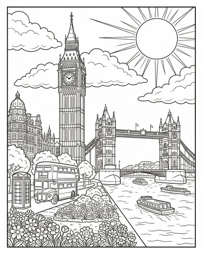 Free printable london summer scene with big ben red bus phone booth and afternoon tea coloring page