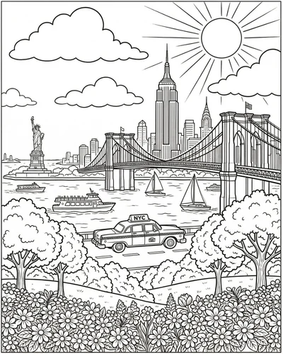 Free printable new york summer scene with statue of liberty hot dogs pretzels and taxi coloring page for kids