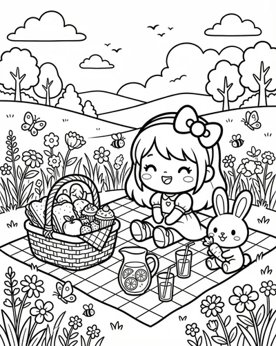 Free printable summer picnic with wicker basket checkered blanket sandwiches and lemonade coloring page for kids