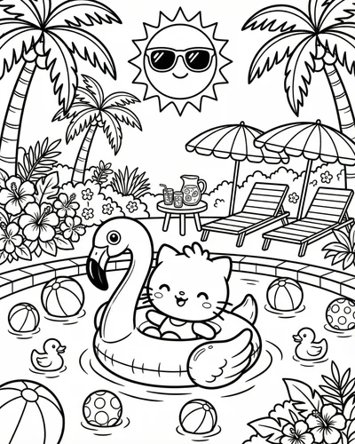Free printable summer pool scene with inflatable flamingo float palm trees and tropical drinks coloring page for kids