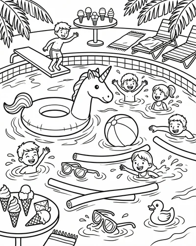 Free printable kids at pool party with water slide beach balls and popsicles coloring page for kids