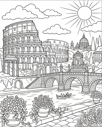 Free printable rome summer scene with colosseum gelato vespa and italian pizza coloring page for kids