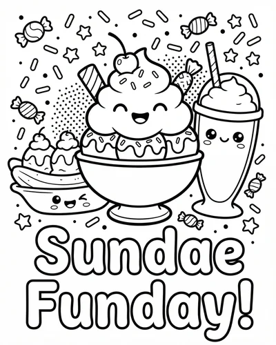Free printable ice cream sundae funday with banana split hot fudge and cherries coloring page for kids