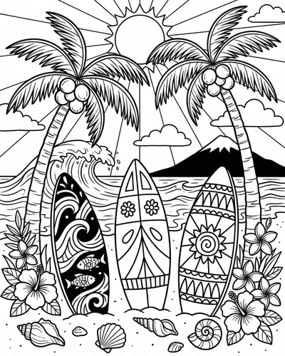 Free printable surfboards on beach with palm trees waves and tropical flowers coloring page