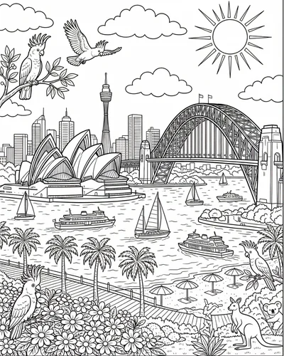 Free printable sydney summer scene with opera house harbour bridge kangaroo and beach coloring page for kids
