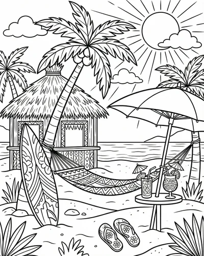 Free printable tiki beach bar with coconut drinks tiki masks hibiscus flowers and palm trees coloring page