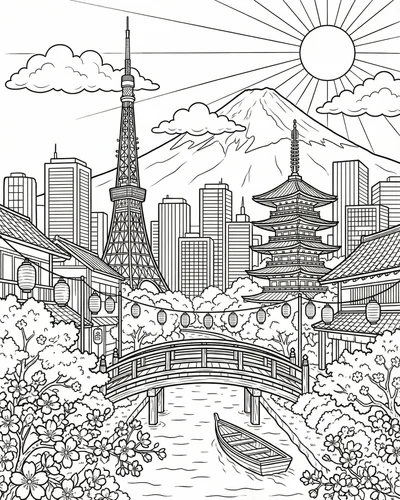 Free printable tokyo summer scene with cherry blossoms sushi ramen and mount fuji coloring page