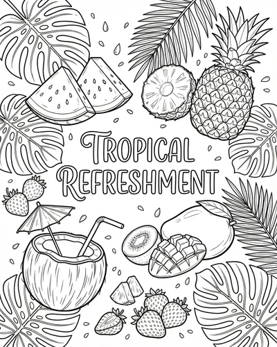 Free printable tropical fruits arrangement with papaya passion fruit dragon fruit and starfruit coloring page for kids