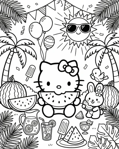 Free printable watermelon slices with seeds hearts and summer sunshine coloring page