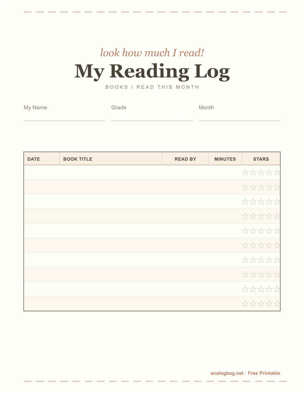 Free printable kids reading log template to track books read, US Letter PDF