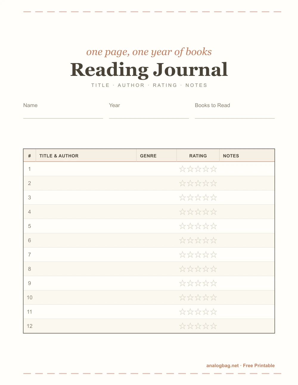 Free printable star rating reading log template to track books read, US Letter PDF