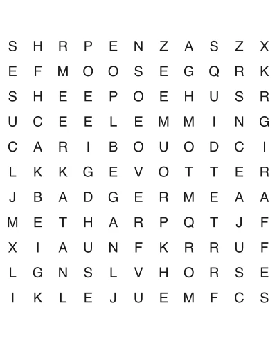 Free printable animal word search puzzle 3, 11x11 grid, 2 directions, US Letter PDF with answer key