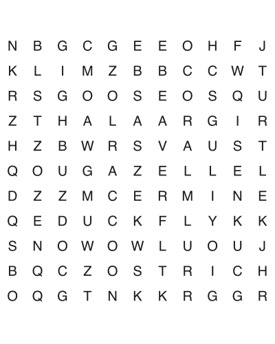 Free printable animal word search puzzle 4, 11x11 grid, 2 directions, US Letter PDF with answer key