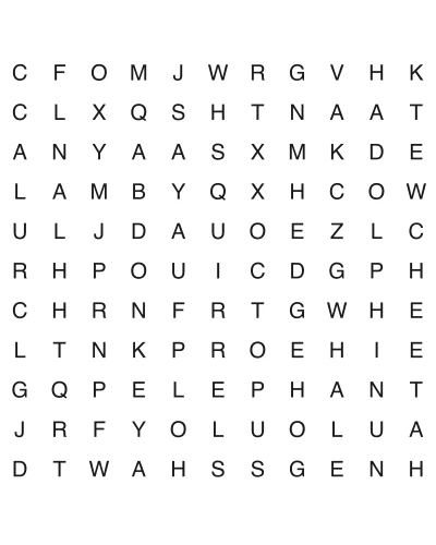 Free printable animal word search puzzle 5, 11x11 grid, 2 directions, US Letter PDF with answer key