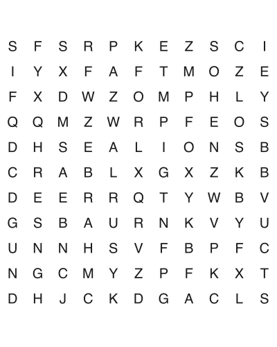 Free printable animal word search puzzle 6, 11x11 grid, 2 directions, US Letter PDF with answer key