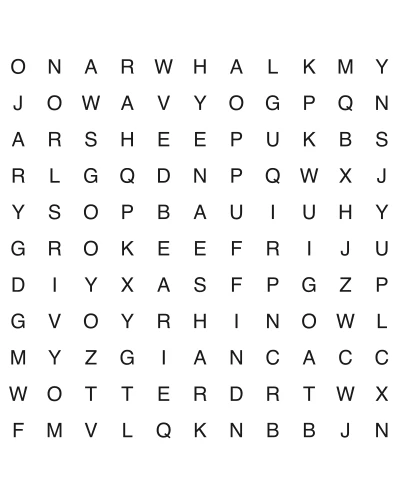Free printable animal word search puzzle 7, 11x11 grid, 2 directions, US Letter PDF with answer key