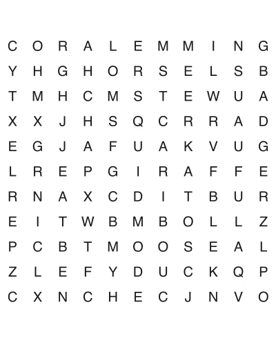 Free printable animal word search puzzle 8, 11x11 grid, 2 directions, US Letter PDF with answer key