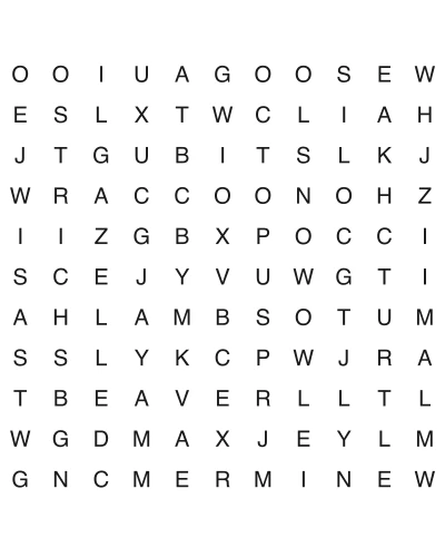 Free printable animal word search puzzle 9, 11x11 grid, 2 directions, US Letter PDF with answer key