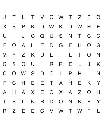 Free printable animal word search puzzle 10, 11x11 grid, 2 directions, US Letter PDF with answer key