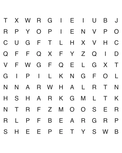 Free printable animal word search puzzle 12, 11x11 grid, 2 directions, US Letter PDF with answer key